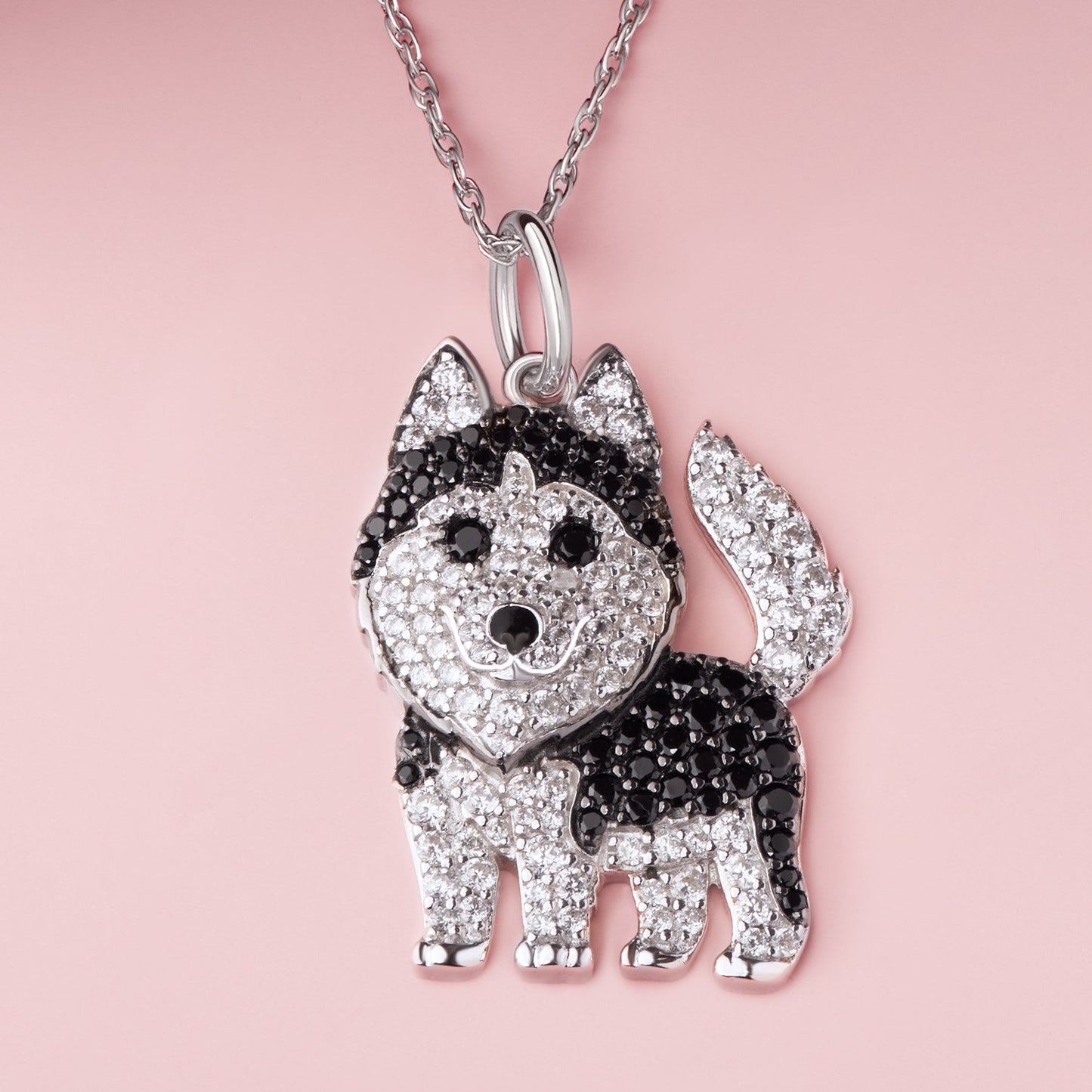 Siberian Husky Dog Breed Rhodium Sterling Silver CZ Necklace