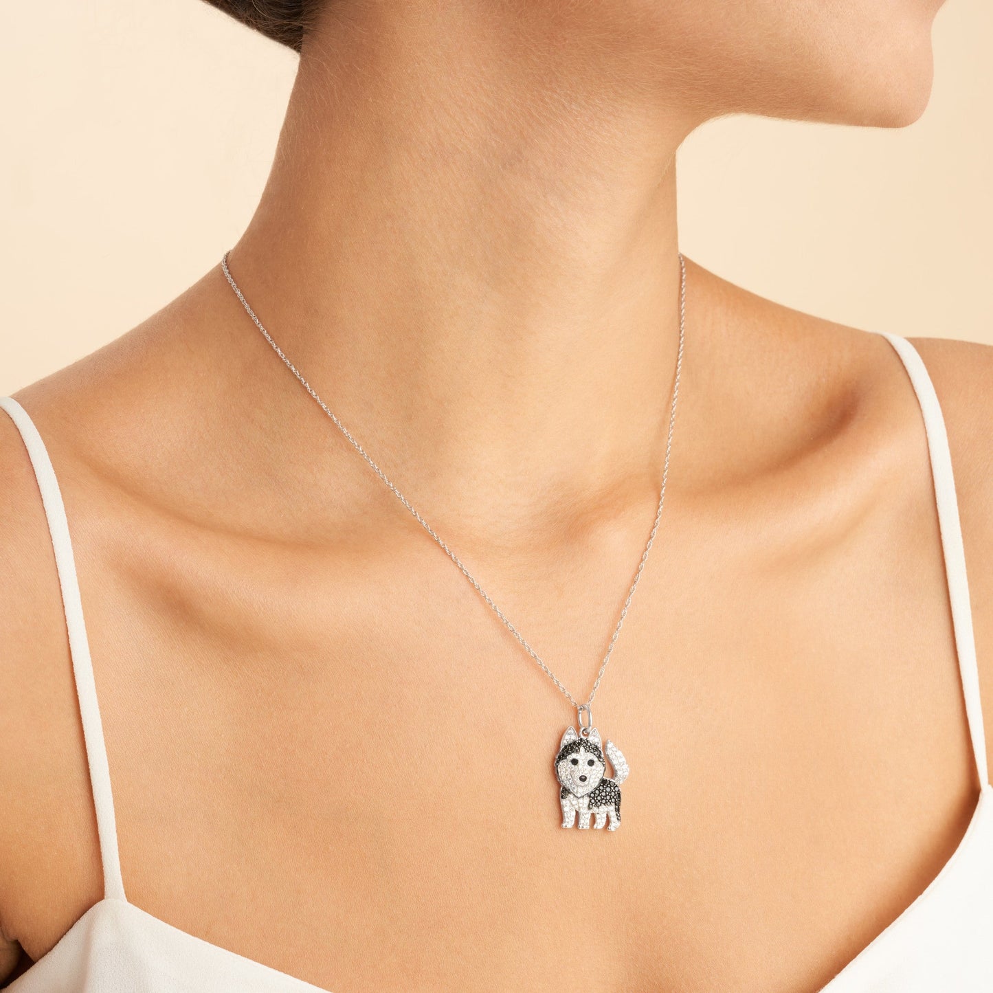 Siberian Husky Dog Breed Rhodium Sterling Silver CZ Necklace