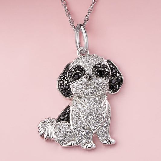 Shih Tzu Dog Breed Rhodium Sterling Silver CZ Necklace