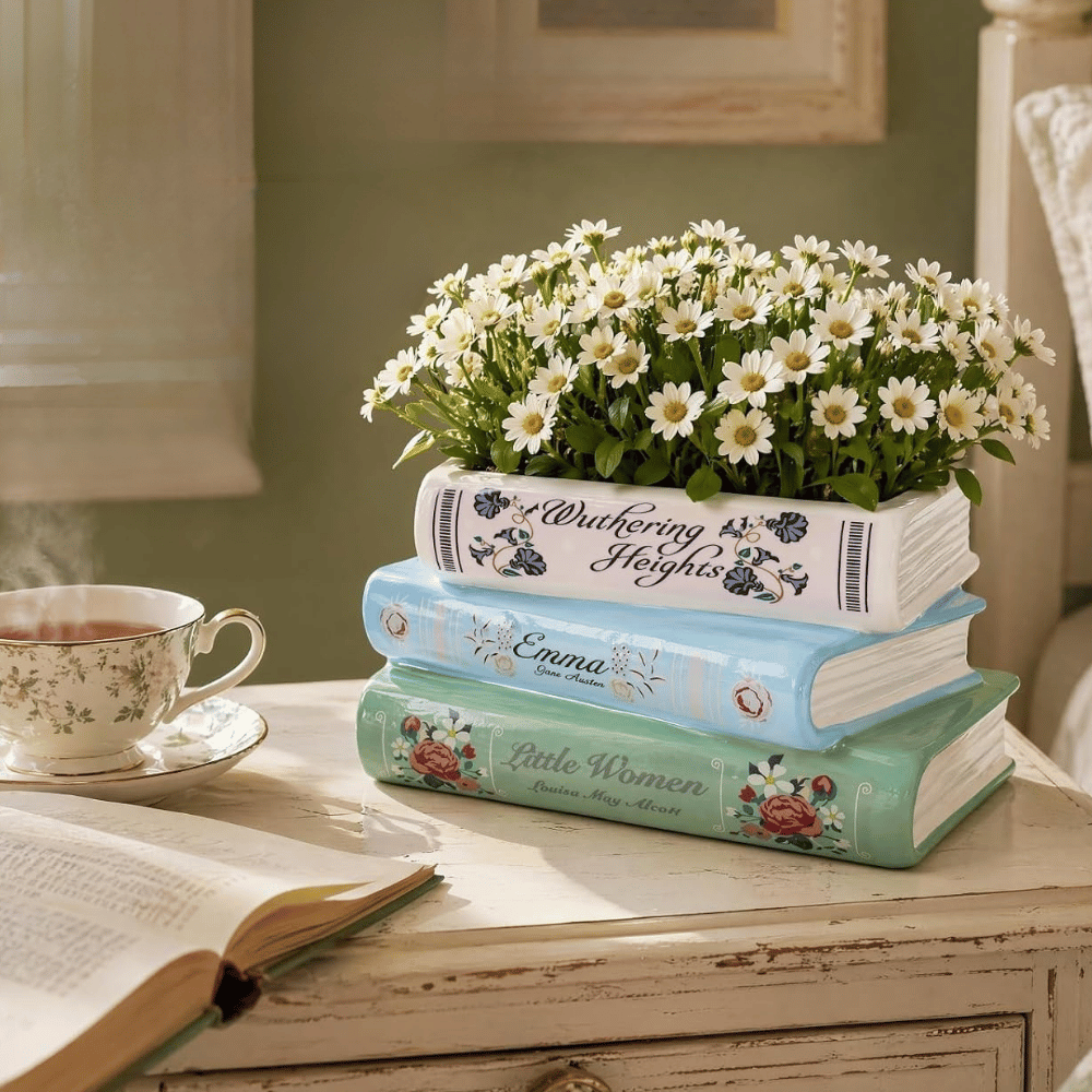 Classic Women Authors Stacked Ceramic Books Vase