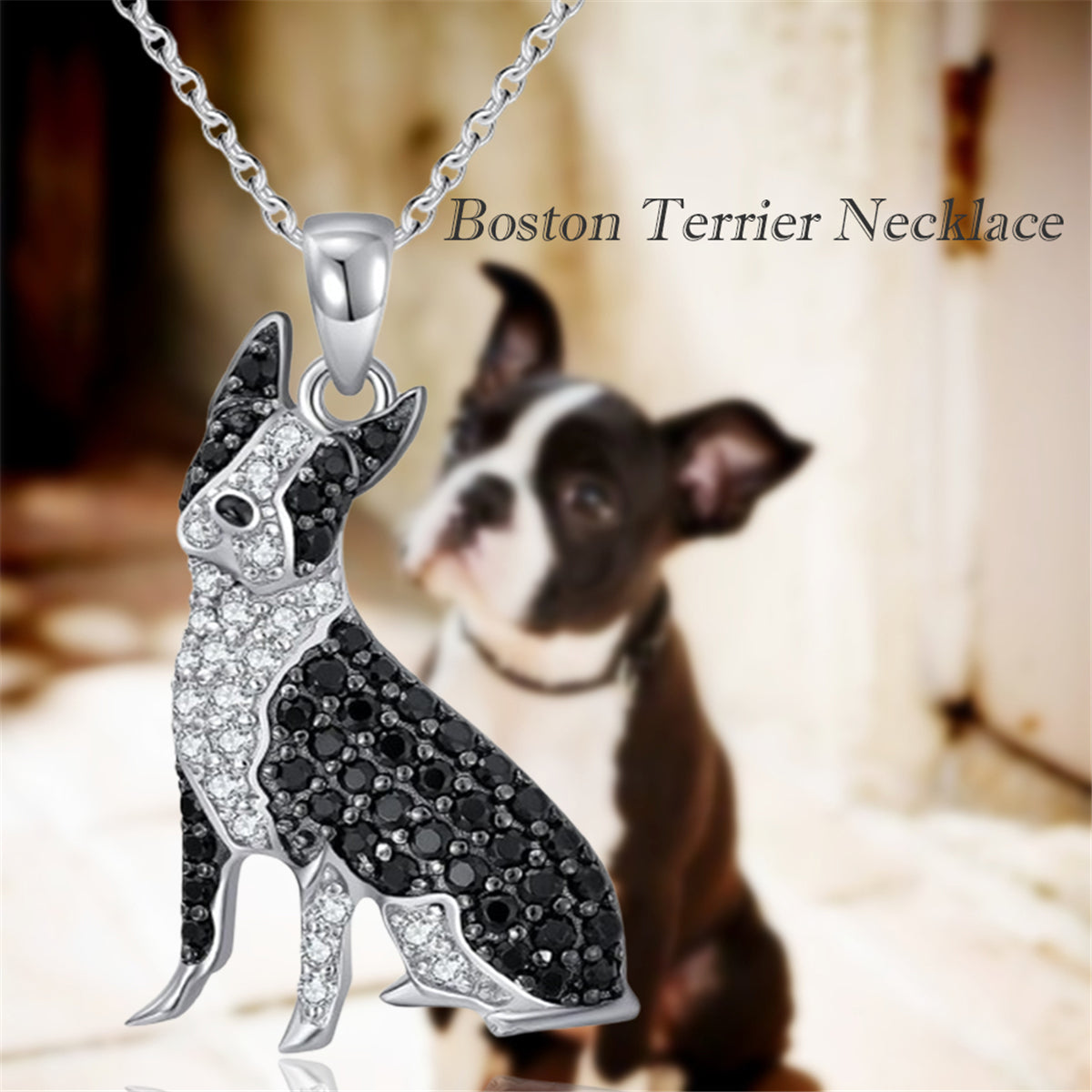 Boston Terrier Dog Breed Rhodium Sterling Silver CZ Necklace