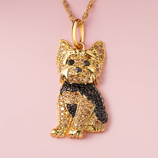 YORKIE Dog Breed Gold Sterling Silver CZ Pendant Necklace