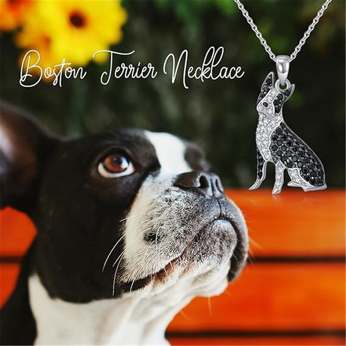 Boston Terrier Dog Breed Rhodium Sterling Silver CZ Necklace