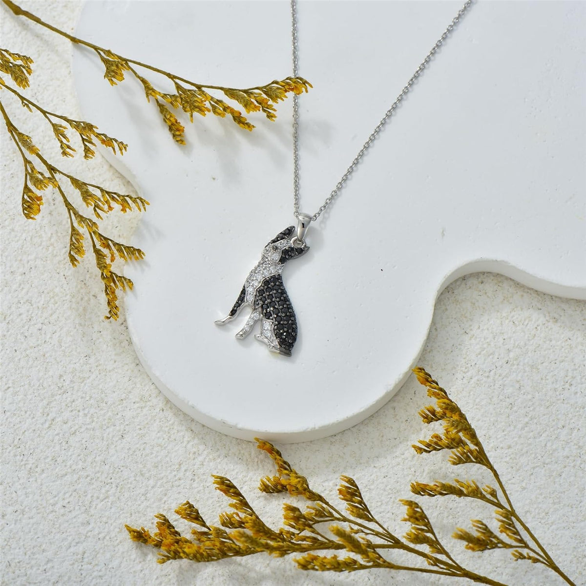 Boston Terrier Dog Breed Rhodium Sterling Silver CZ Necklace