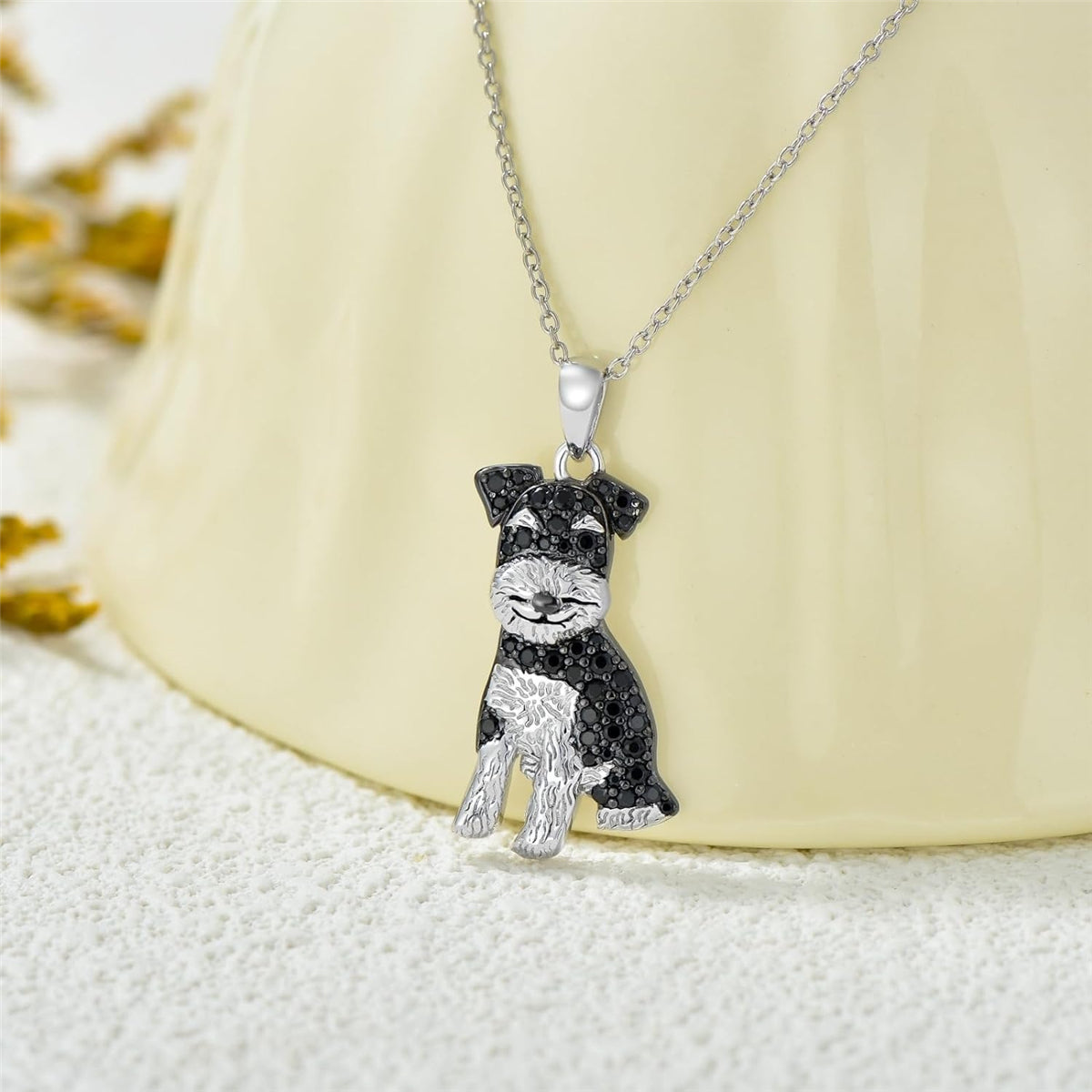 Schnauzer Dog Breed Rhodium Sterling Silver CZ Necklace