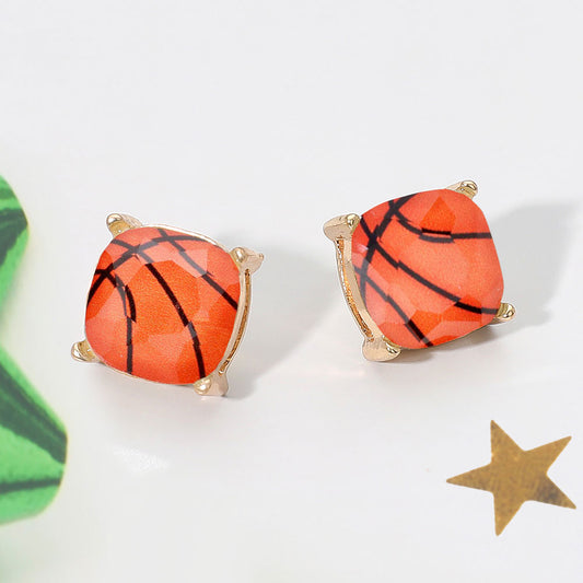 Cushion Cut Glass Bead Basketball Gold Stud Earrings