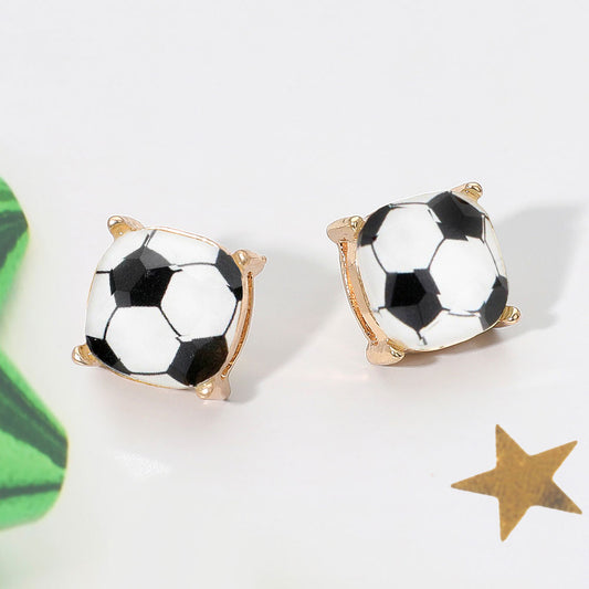 Cushion Cut Glass Bead Soccer Gold Stud Earrings