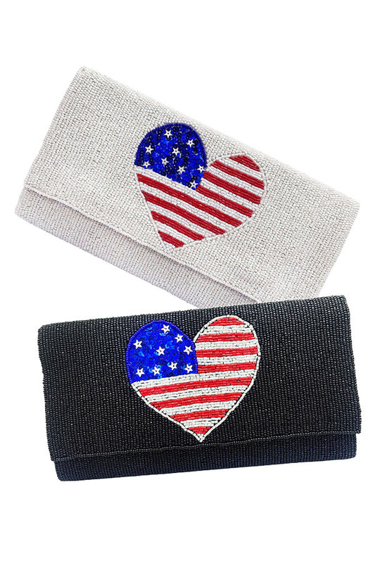 I Heart USA Patriotic Beaded Crossbody Clutch Handbag