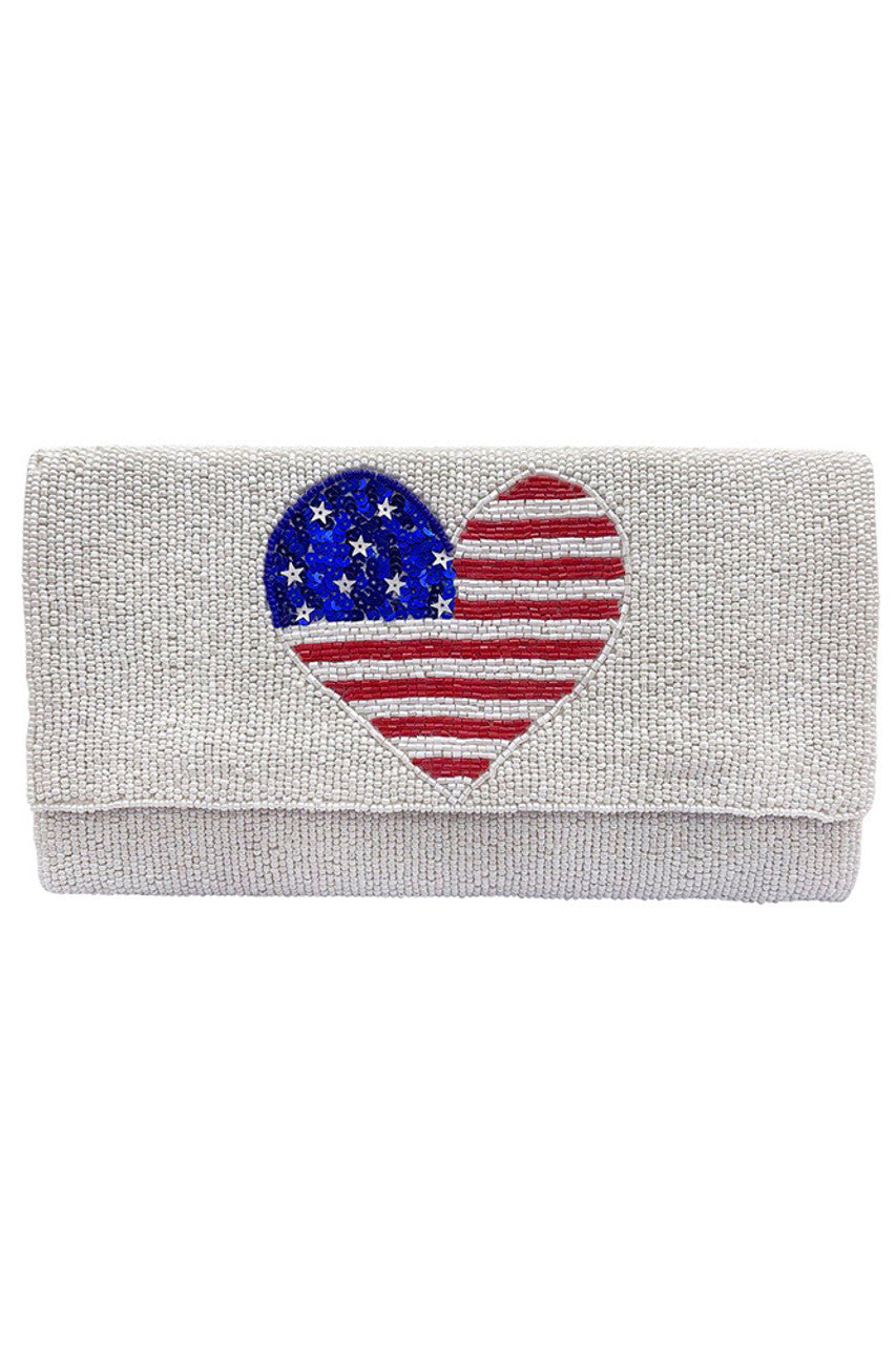 I Heart USA Patriotic Beaded Crossbody Clutch Handbag