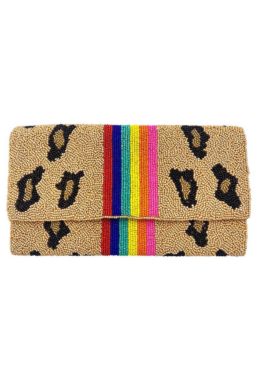 Fully Beaded Rainbow Striped Crossbody Clutch Handbag