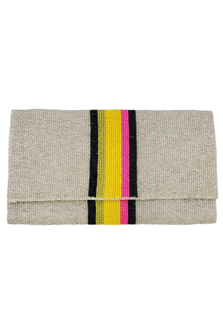 Fully Beaded Rainbow Striped Crossbody Clutch Handbag