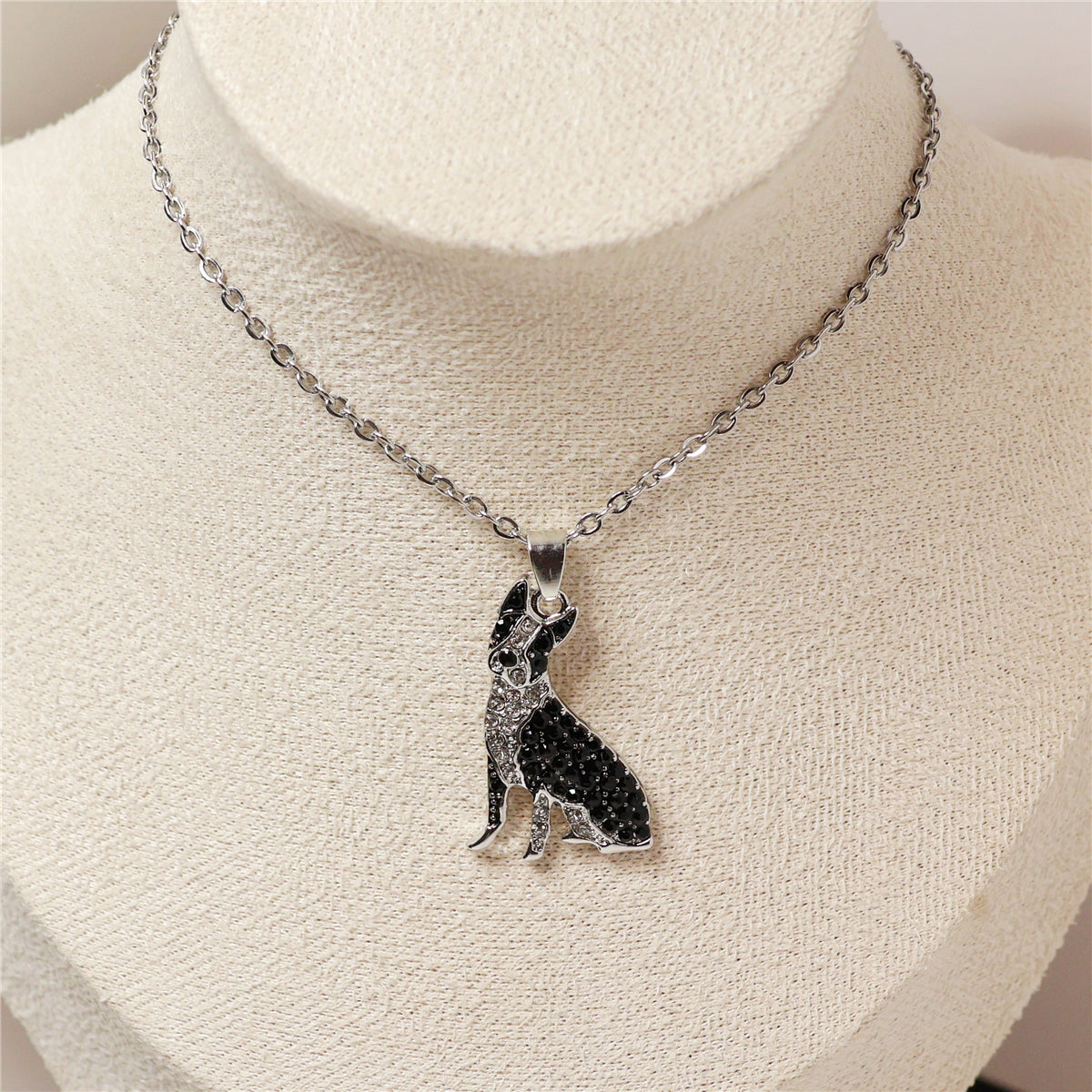 Boston Terrier Dog Breed Rhodium Sterling Silver CZ Necklace