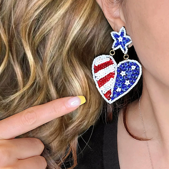 Star Heart American Flag USA Sparkle Sequin Bead Earrings