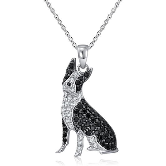 Boston Terrier Dog Breed Rhodium Sterling Silver CZ Necklace