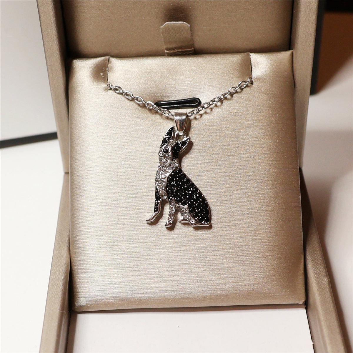Boston Terrier Dog Breed Rhodium Sterling Silver CZ Necklace
