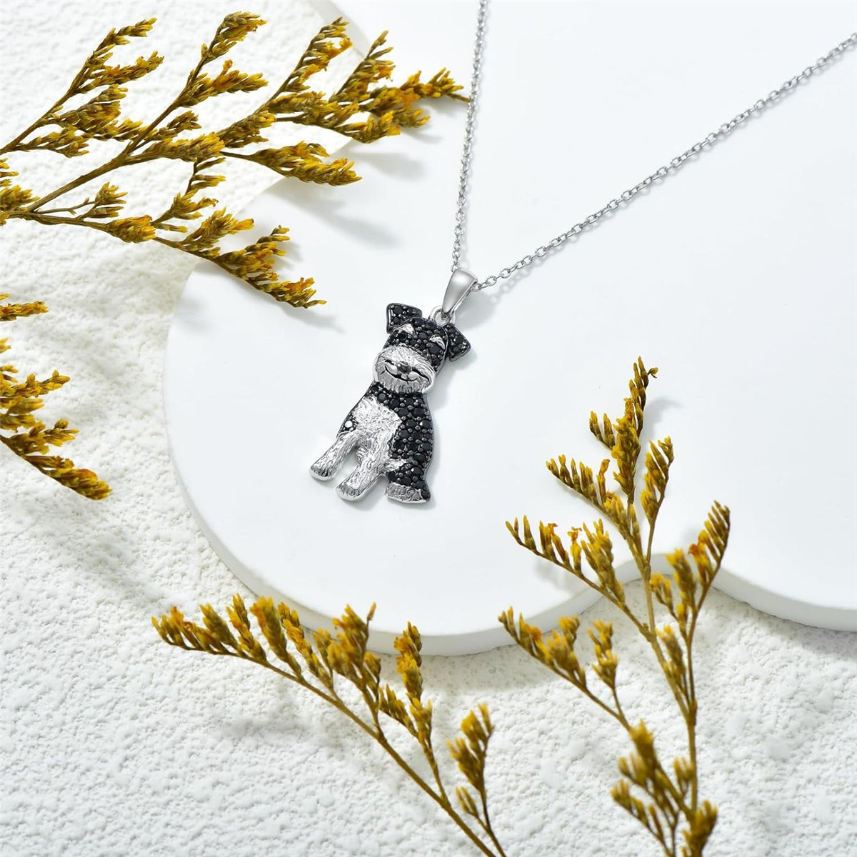 Schnauzer Dog Breed Rhodium Sterling Silver CZ Necklace