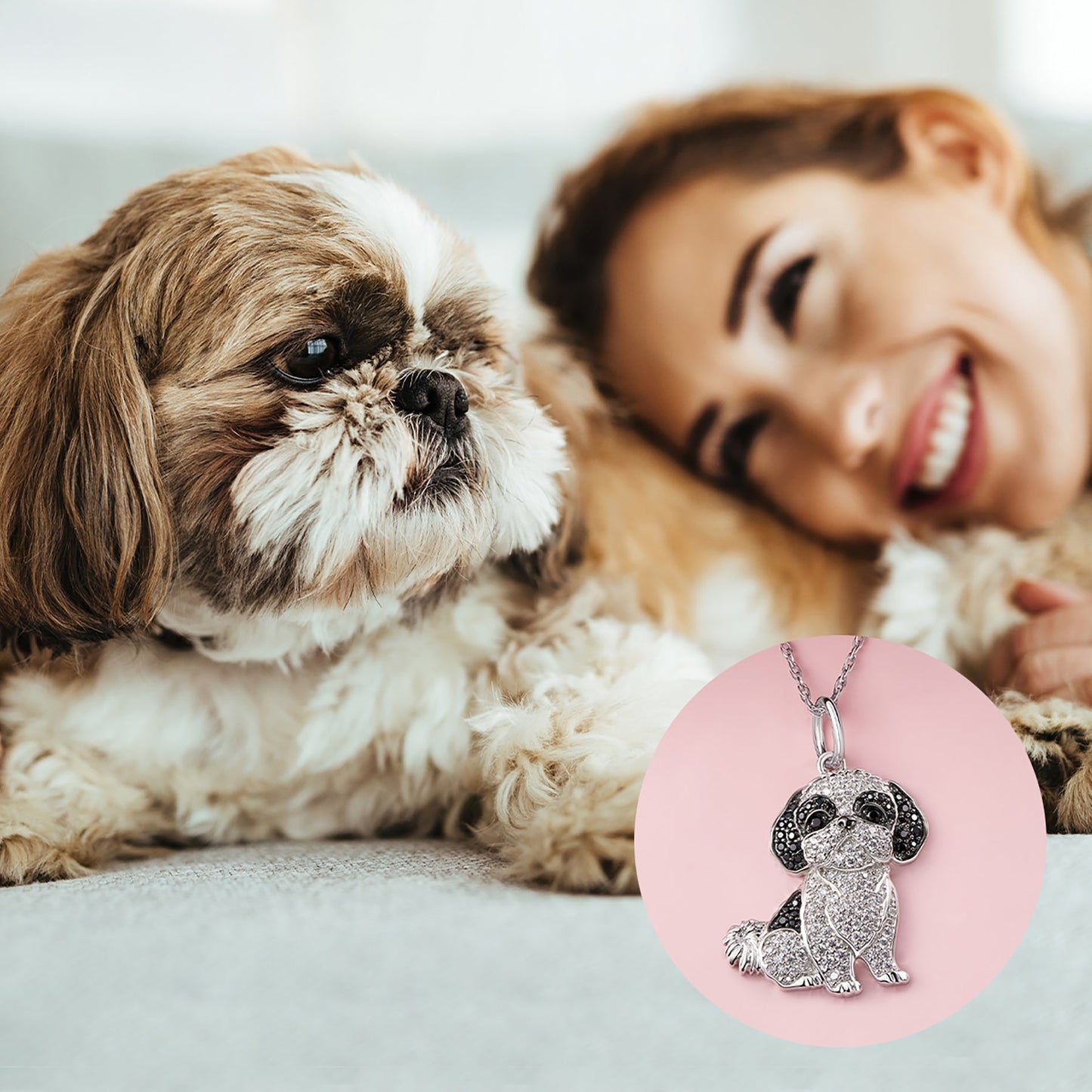 Shih Tzu Dog Breed Rhodium Sterling Silver CZ Necklace
