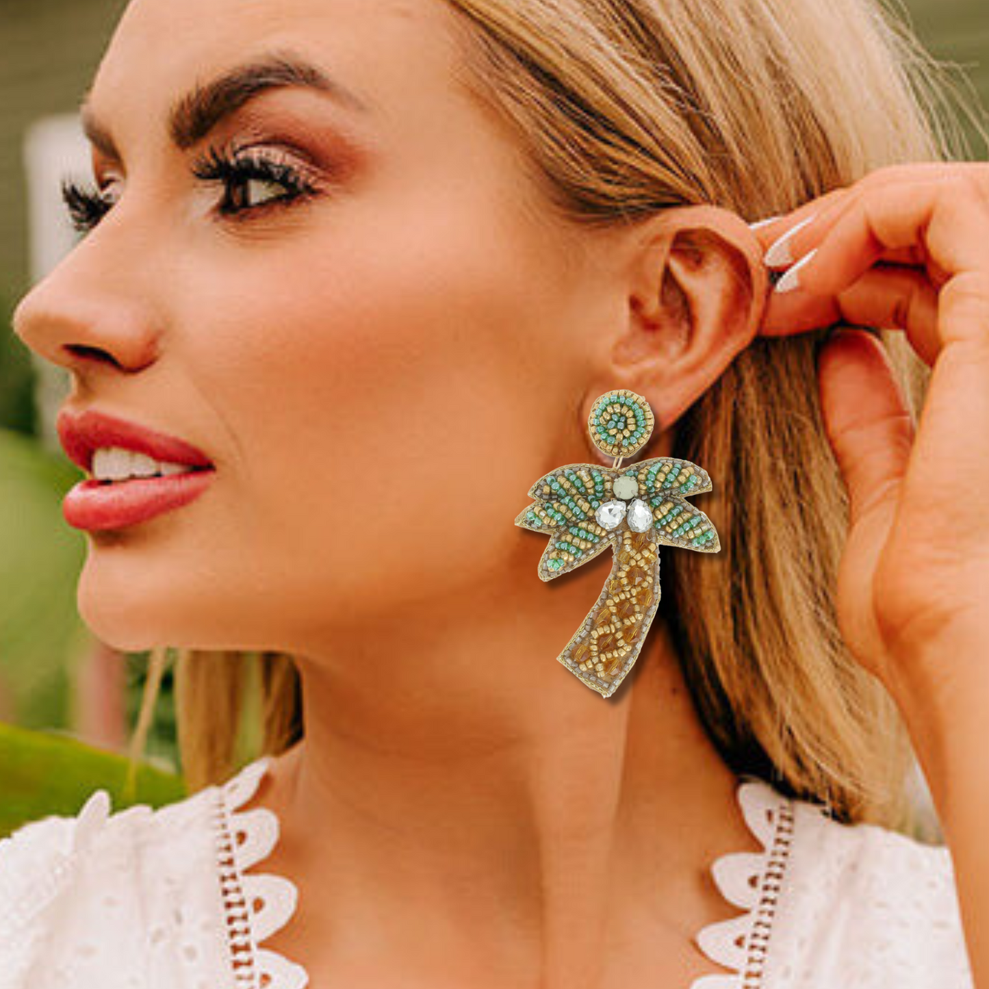 Tropical Palm Tree Seed Beaded Earrings