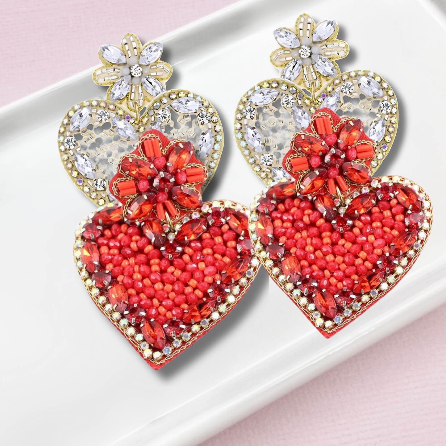 Sparkle Hearts Rhinestone Beaded Drop Earrings
