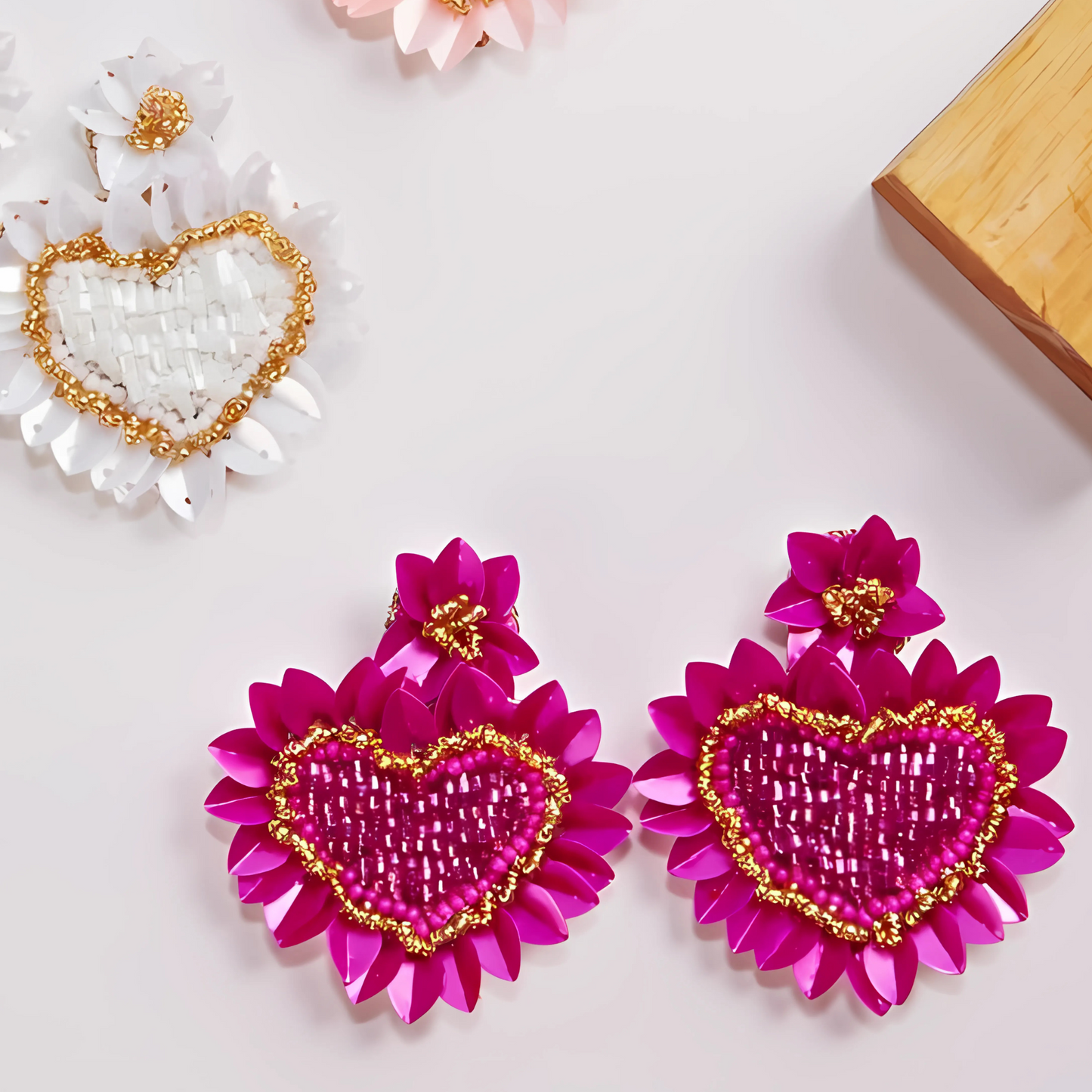 Fuchsia Heart Sequin Sparkle Beaded Drop Earrings