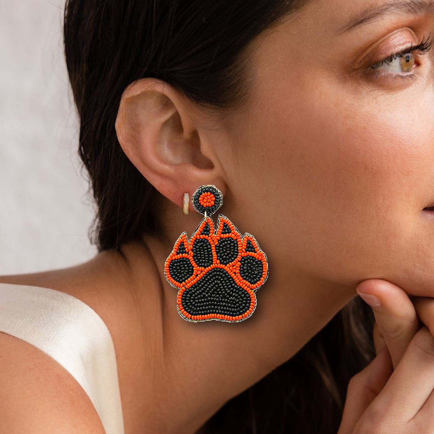 Tiger Orange Black Paw Seed Beaded Gameday Football Earrings