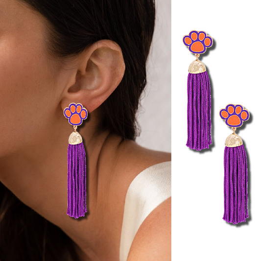 CLEMSON Orange Purple Football Tiger Tassel Earrings