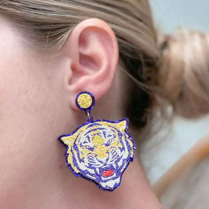 LSU University Tigers Glitter Football Earrings