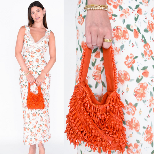 The Averlee Artisan Beaded Mini Bucket Bag in Orange