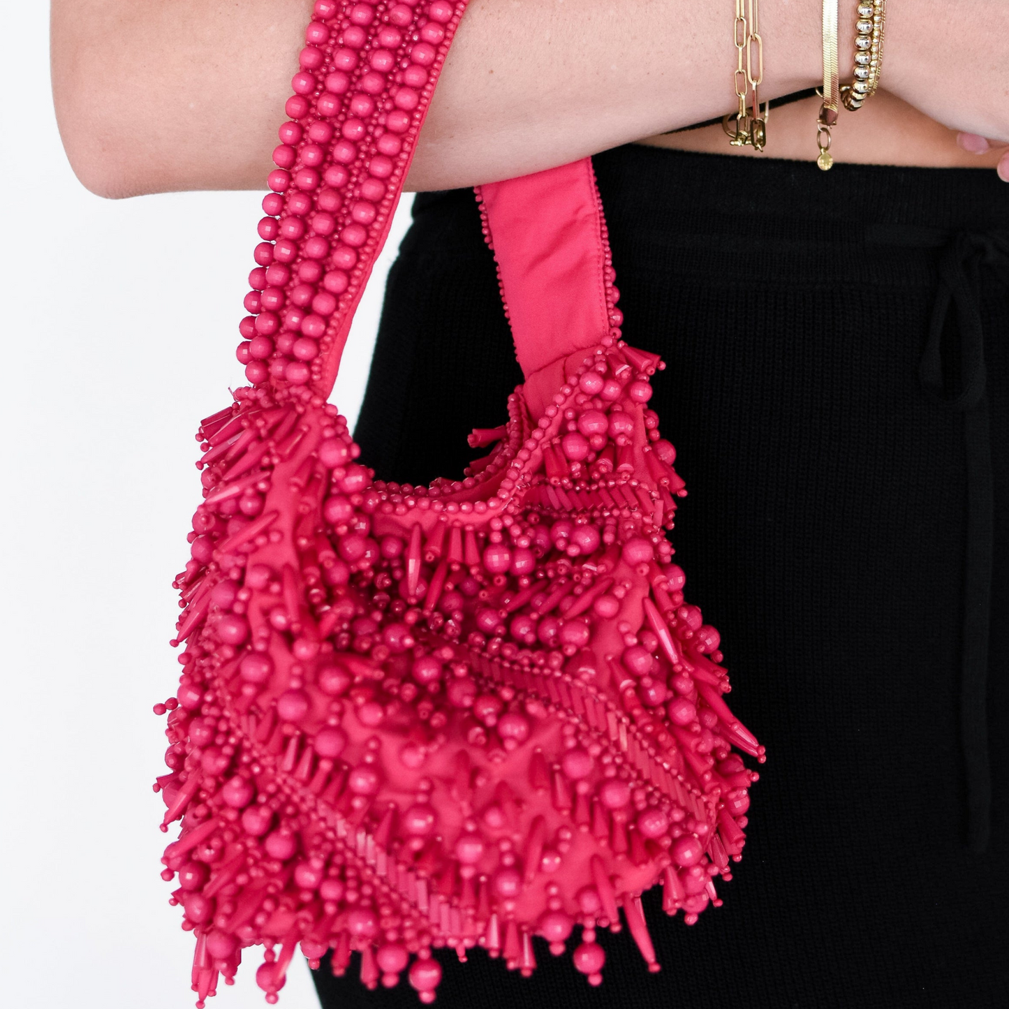 The Averlee Artisan Beaded Mini Bucket Bag in Fuchsia