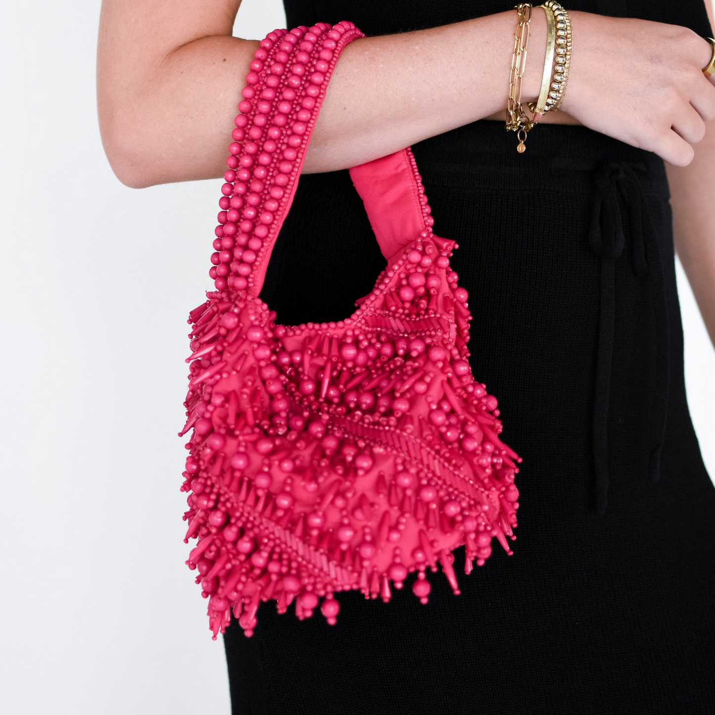 The Averlee Artisan Beaded Mini Bucket Bag in Fuchsia