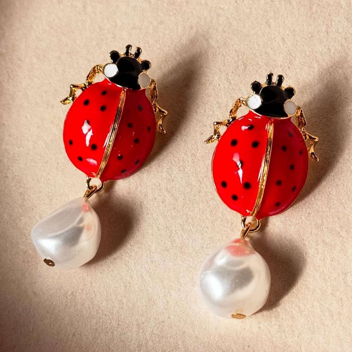 Fly Ladybug Fly Pearl Drop Gold Earrings