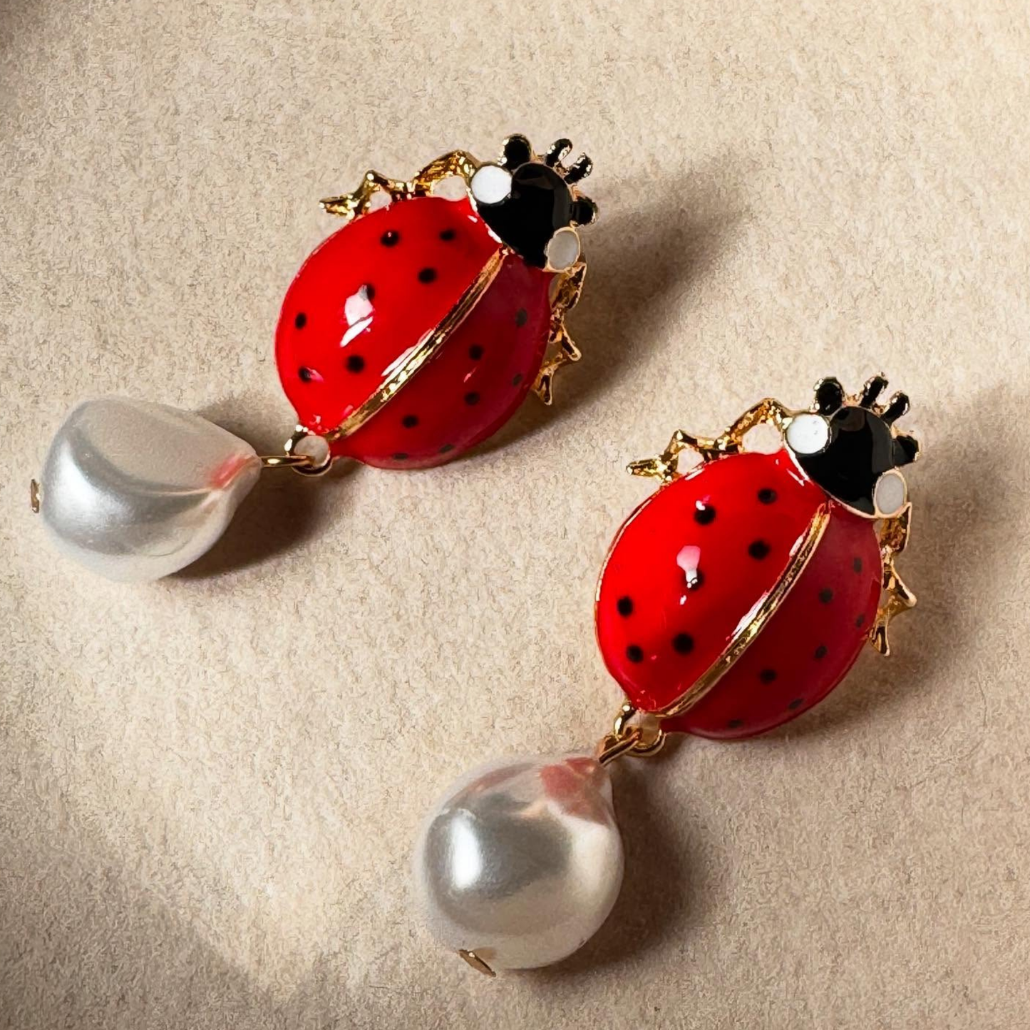 Fly Ladybug Fly Pearl Drop Gold Earrings