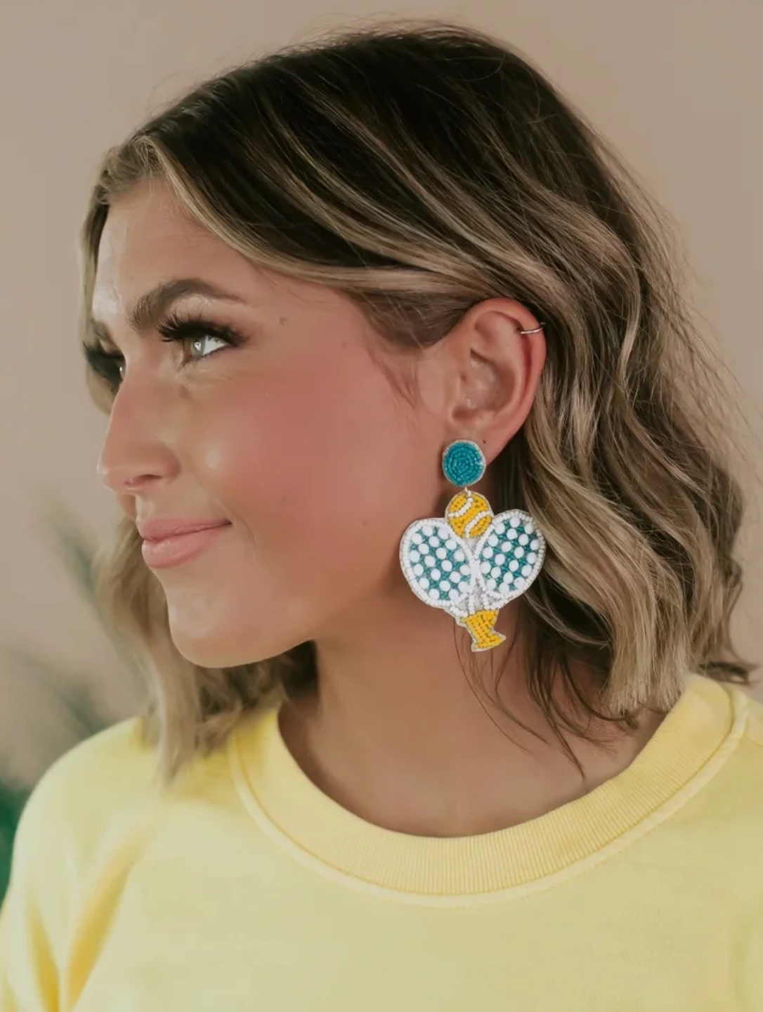 Pickleball Seed Beaded Green Racket Sporty Earrings