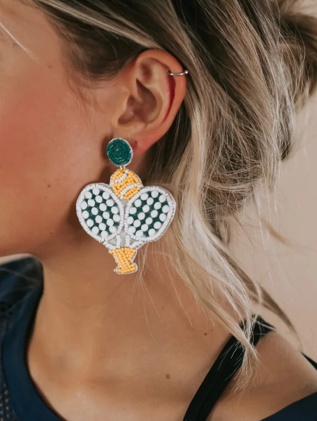 Pickleball Seed Beaded Green Racket Sporty Earrings