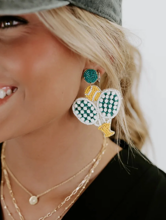 Pickleball Seed Beaded Green Racket Sporty Earrings