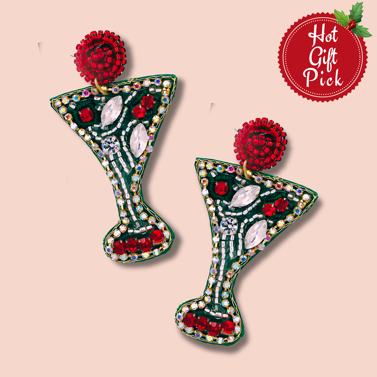 Austrian Crystal Beaded Martini Cocktail Christmas Earrings