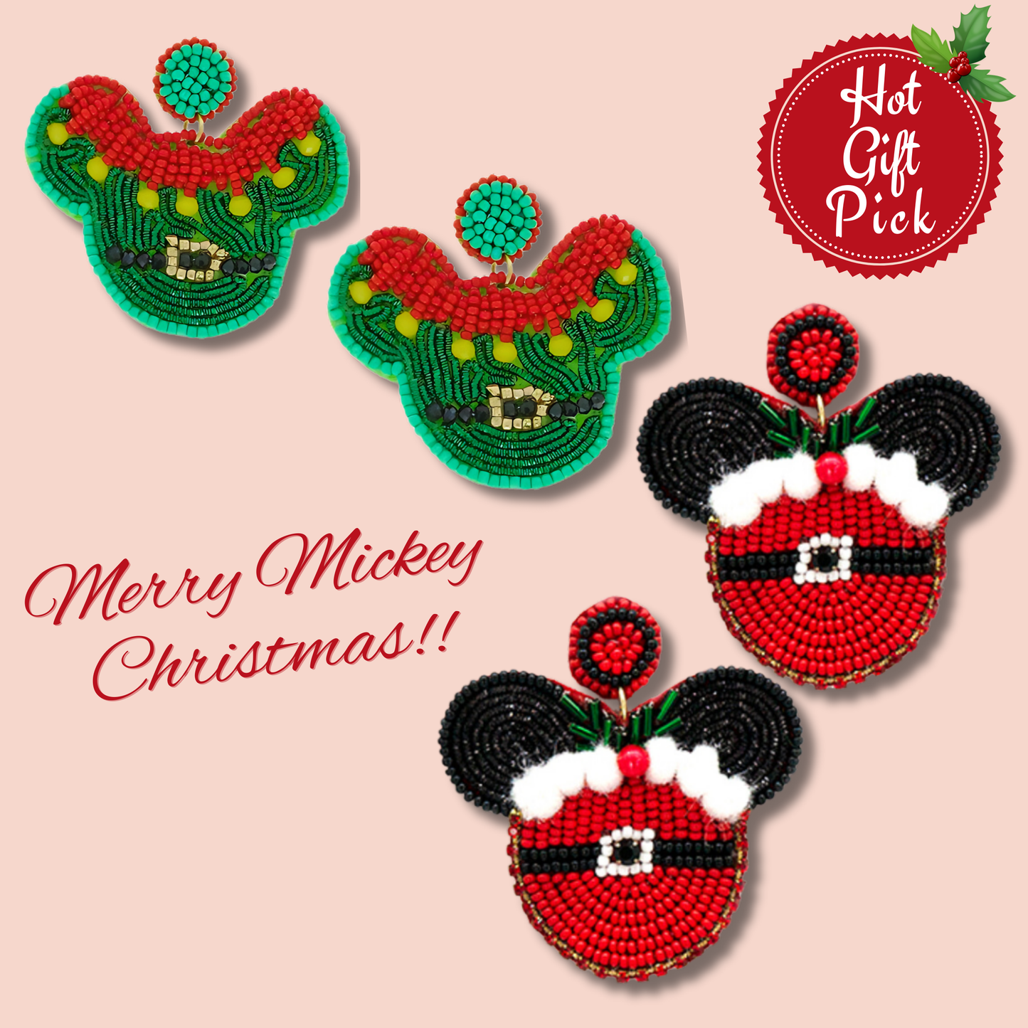 Very Merry Mickey Mouse Elf Santa Christmas Earrings