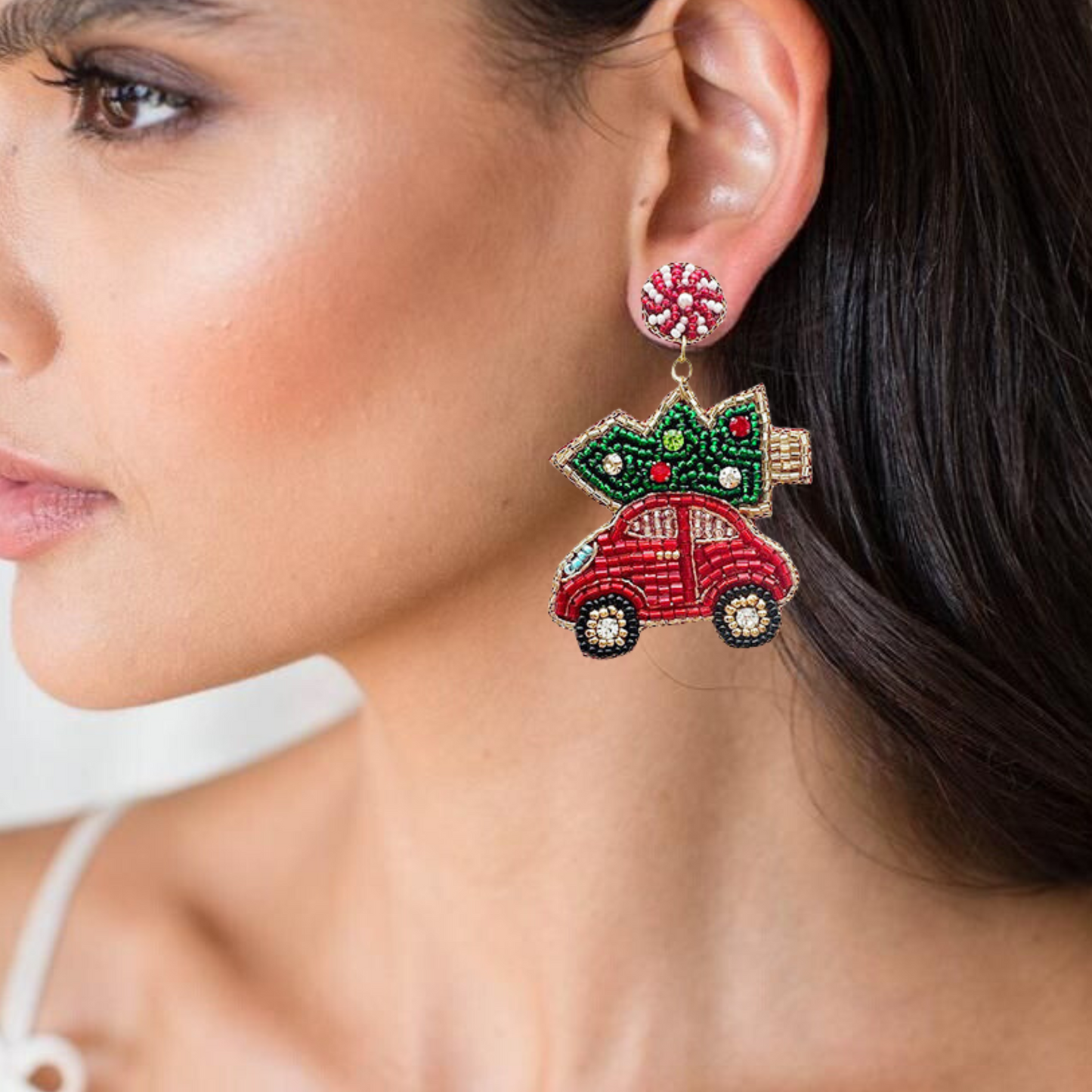 Christmas Tree Haul Car Ride Seed Beaded Earrings
