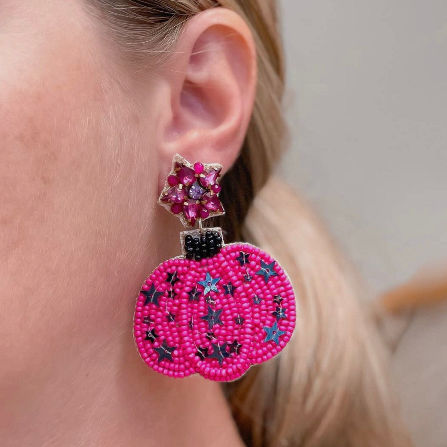Pink Cosmic Pumpkin Fall Autumn Seed Beaded Earrings