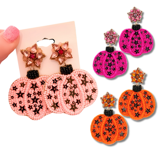 Pink Cosmic Pumpkin Fall Autumn Seed Beaded Earrings