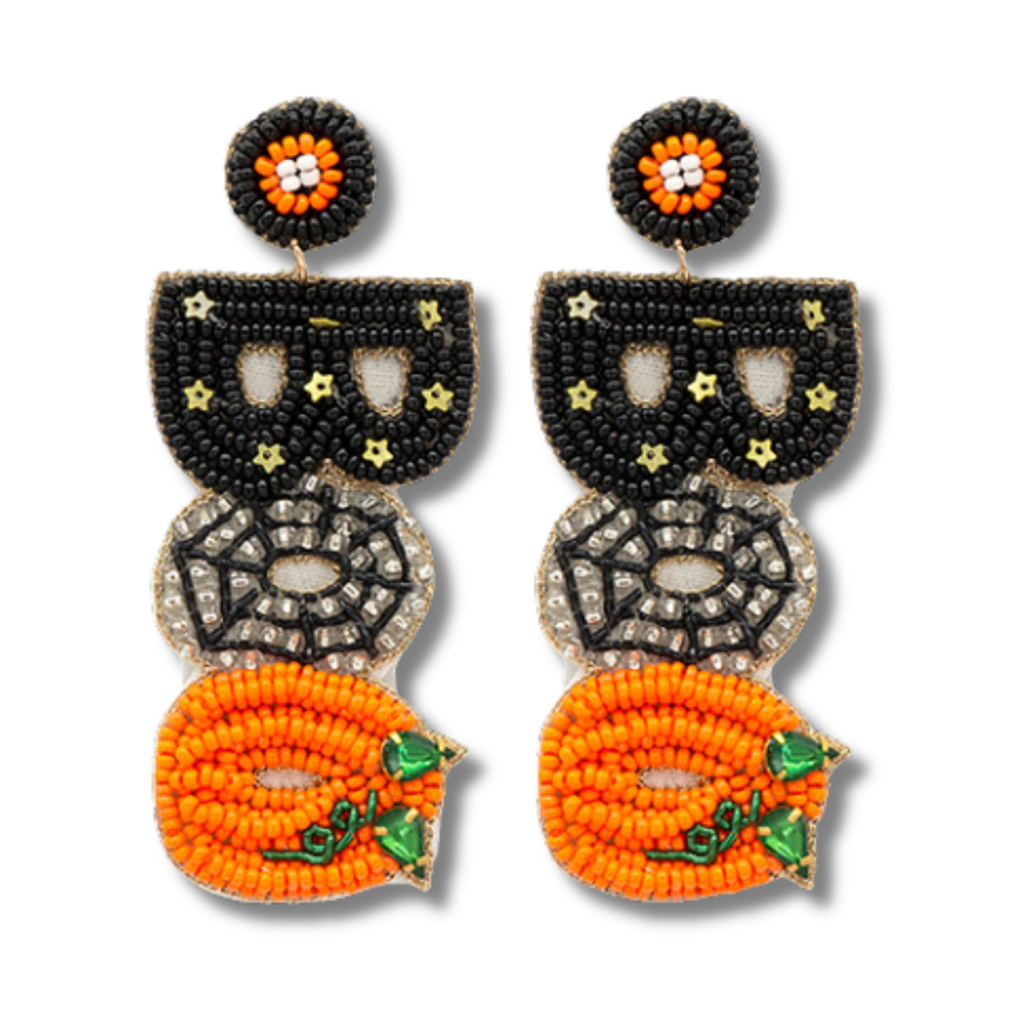 Pink Black BOO Pumpkin Patch Crystal Seed Beaded Earrings