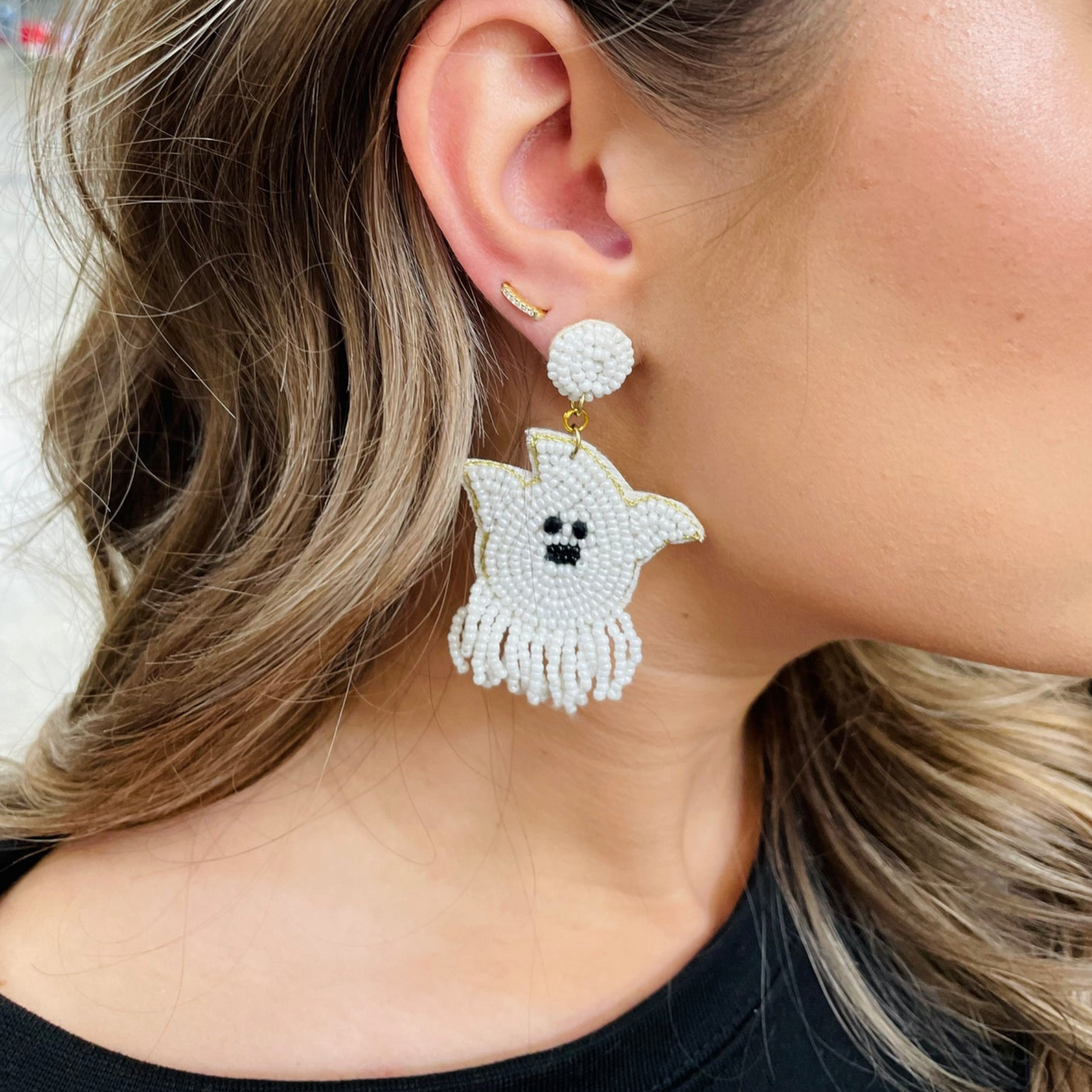 Spooky Fringe Bottom White Ghost Halloween Beaded Earrings