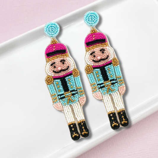 Nutcracker Soldier Christmas Blue Beaded Holiday Earrings