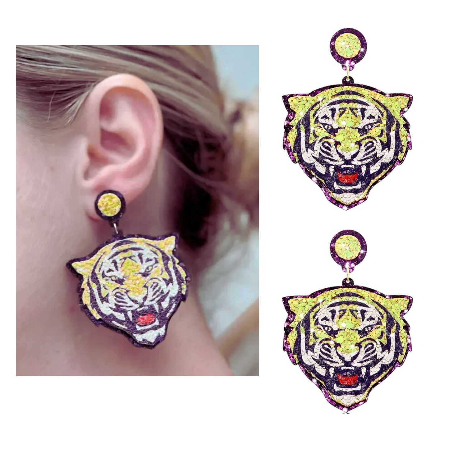 LSU University Tigers Glitter Football Earrings