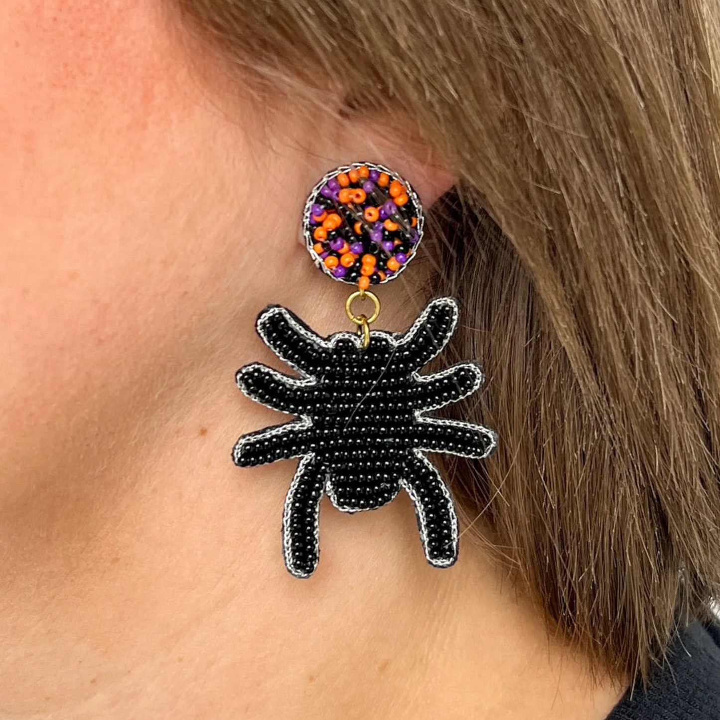 Halloween Spider Seed Beaded Pom-Pom Earrings