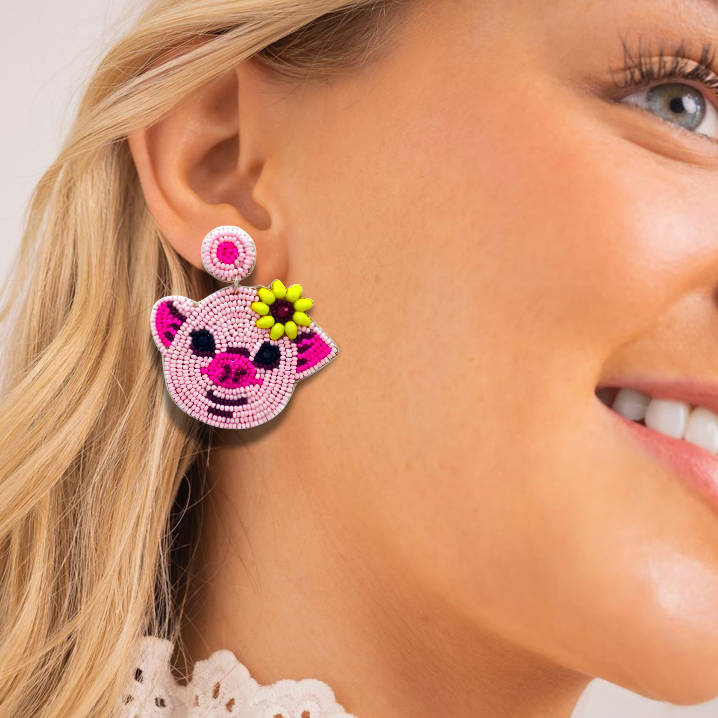 Sunflower Sooie Seed Beaded Pig Earrings