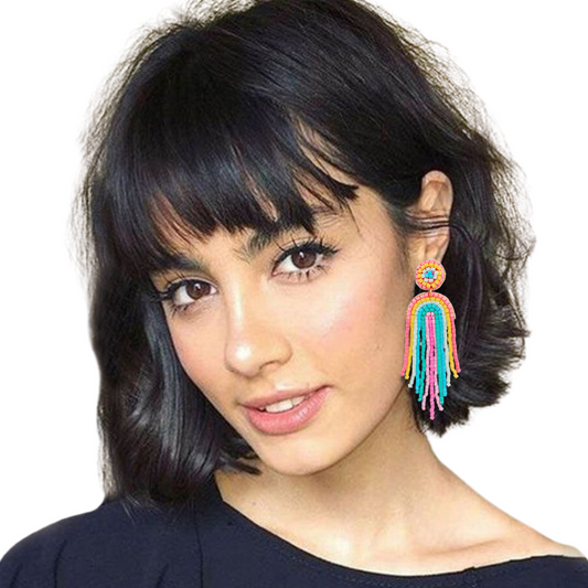 Pink Rainbow Beaded Dangle Statement Earrings