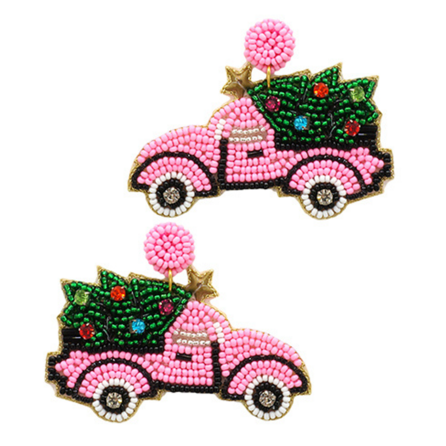 Christmas Tree Pink Truck Run Seed Beaded Earrings