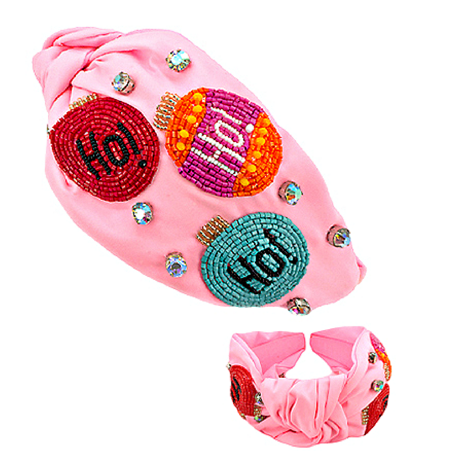 Christmas Santa Beaded Crystal Top Knot Pink Headband