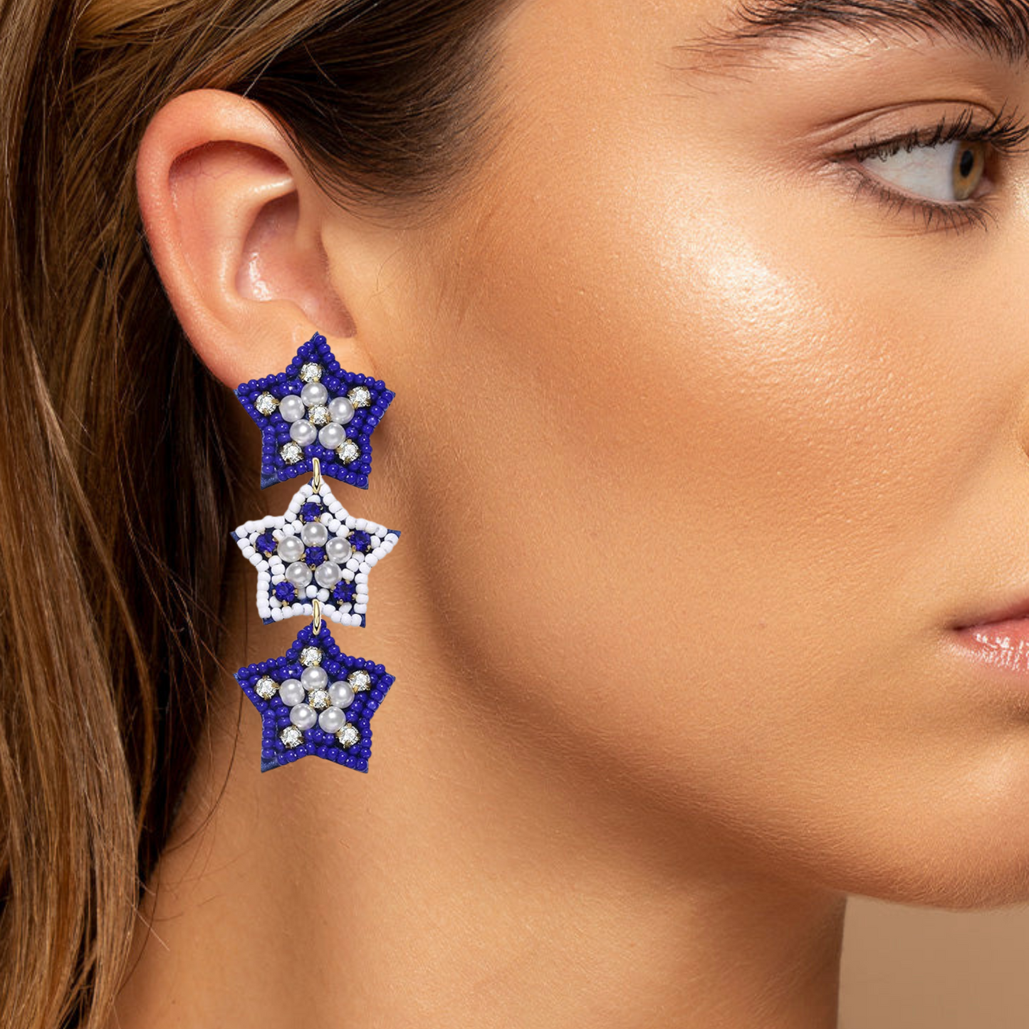 Wildcats Blue White Football Beaded Star Earrings